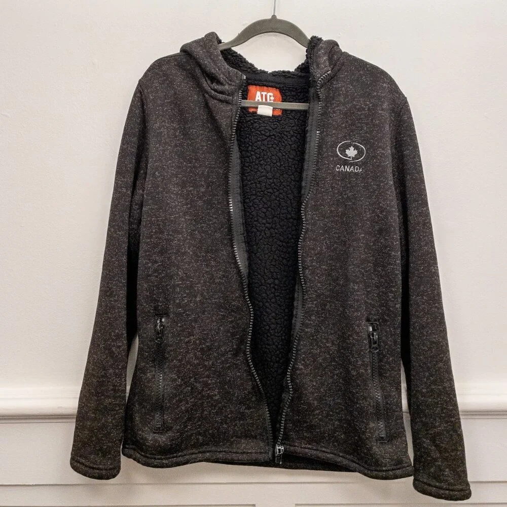ATC Canada Activewear Sherpa-Lined Zip Hoodie | Size L | Charcoal Gray Cozy
